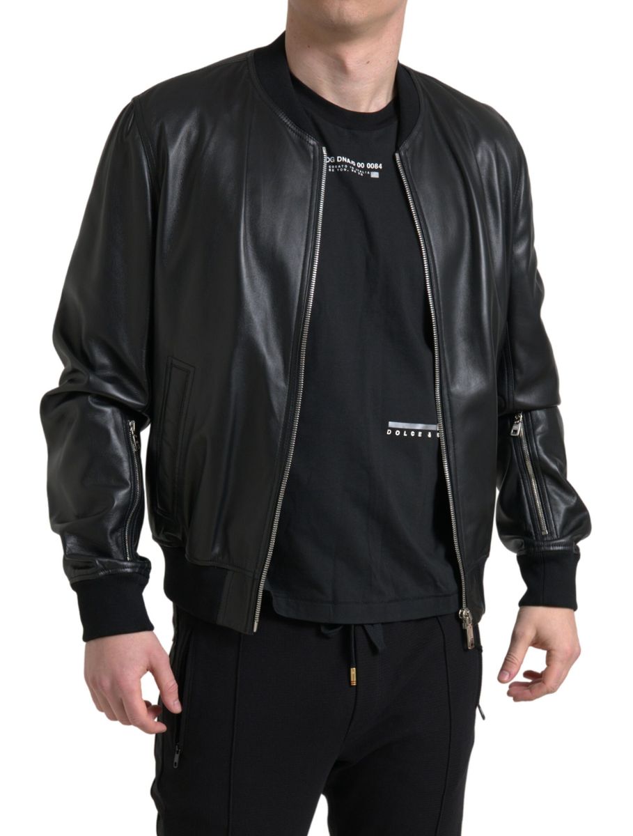 Black leather full-zip bomber jacket for men by Dolce & Gabbana, featuring a sleek design and zip-up front.