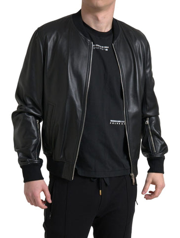 Black leather full-zip bomber jacket for men by Dolce & Gabbana, featuring a sleek design and zip-up front.