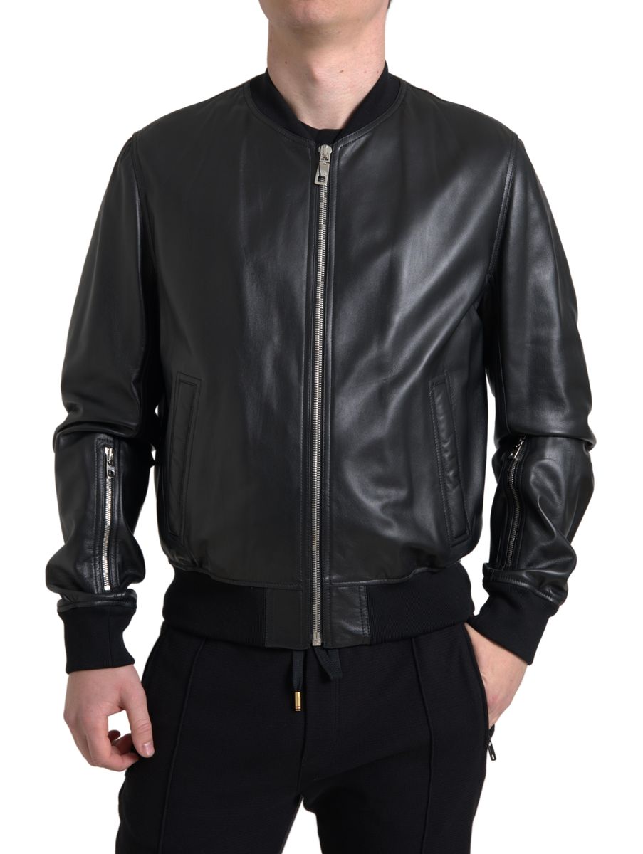Black leather full zip bomber jacket for men by Dolce & Gabbana, featuring a sleek design and classic collar.