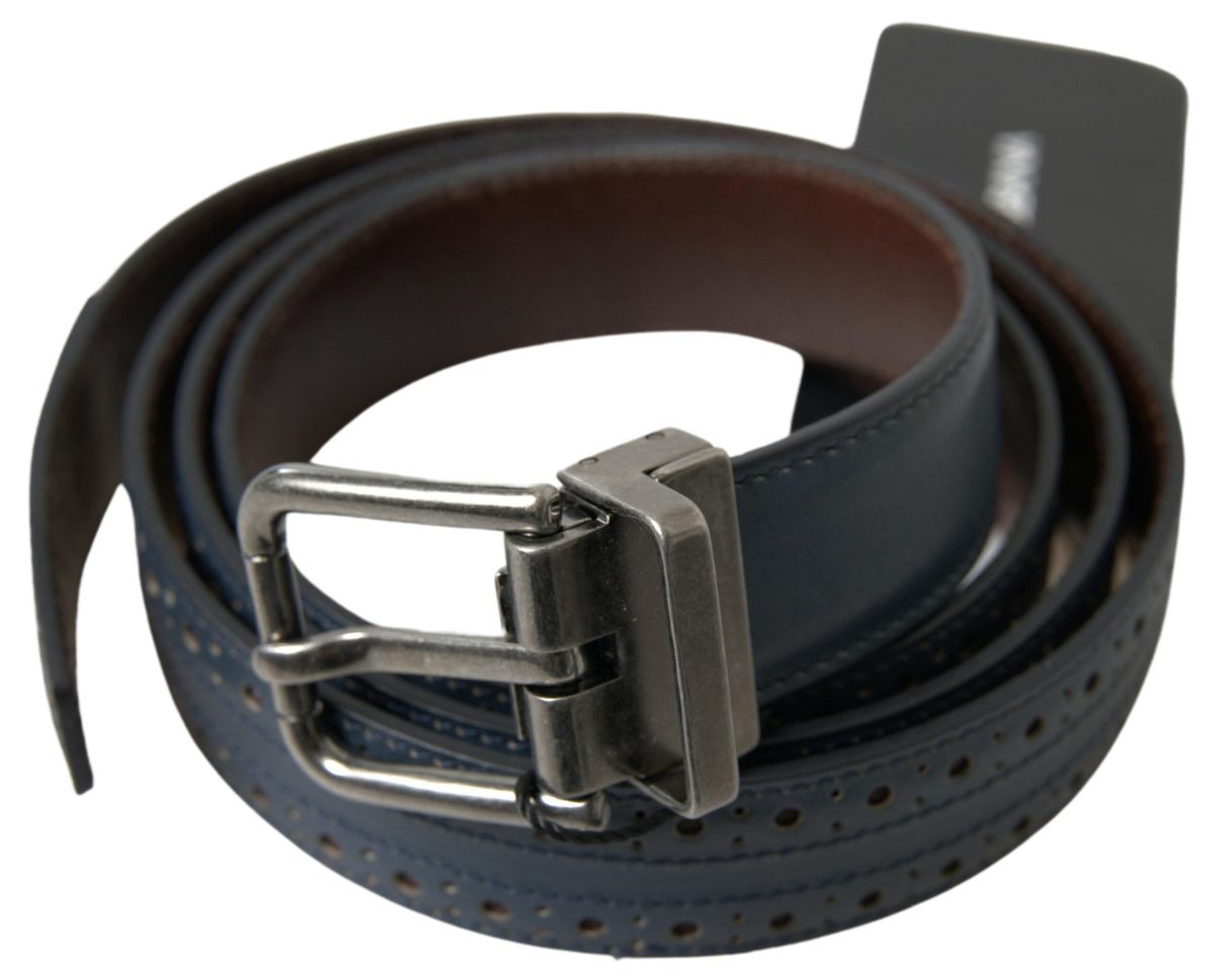 Blue leather belt with perforated metal buckle from Dolce & Gabbana, featuring stylish perforations and a sleek metallic clasp.