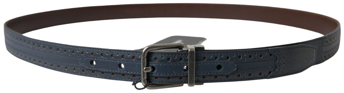 Blue leather perforated belt with a metal buckle from Dolce & Gabbana, featuring a stylish and modern design.