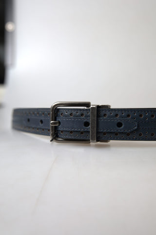 Blue leather belt with perforated metal buckle from Dolce & Gabbana, featuring a stylish and modern design.