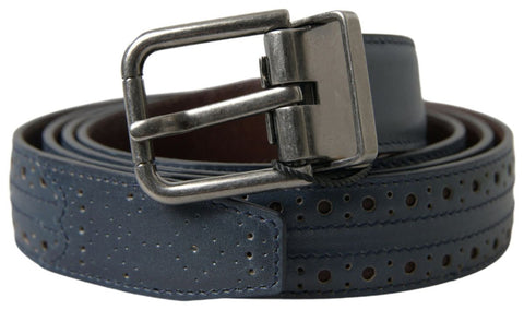 Blue leather belt with perforated metal buckle by Dolce & Gabbana, featuring a stylish design and adjustable strap.