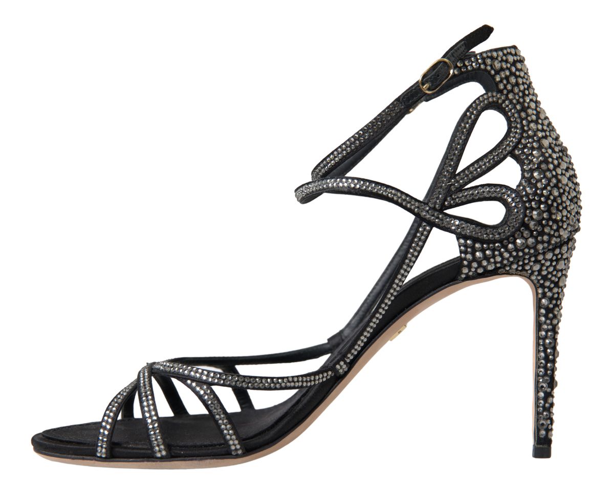 Dolce & Gabbana rhinestone stiletto sandal with satin straps and sparkling embellishments, elegant high-heeled footwear.