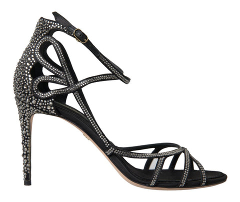 Dolce & Gabbana rhinestone stiletto sandal with satin straps and high heel, showcasing luxurious footwear design.