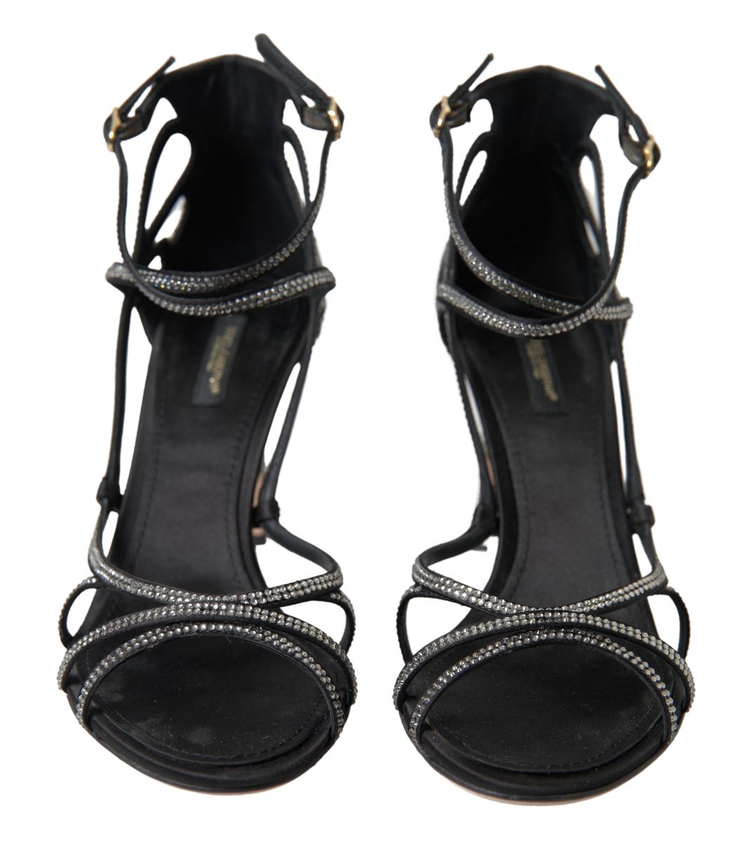 Dolce & Gabbana rhinestone stiletto sandal with satin straps, featuring sparkling embellishments and elegant high heel design.