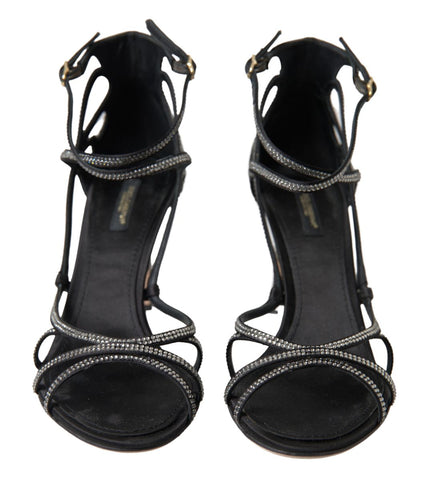 Dolce & Gabbana rhinestone stiletto sandal with satin straps, featuring sparkling embellishments and elegant high heel design.