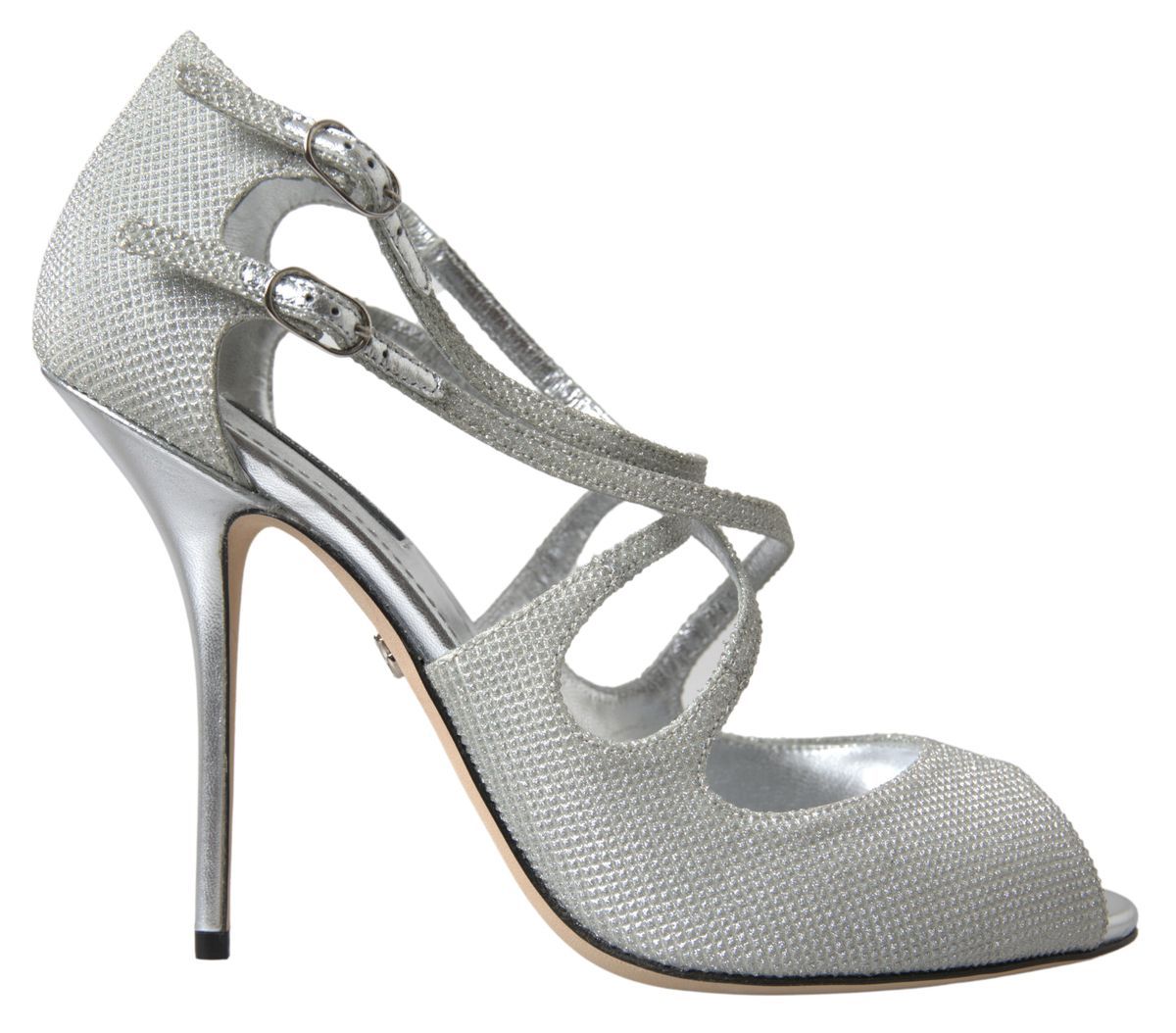 Silver Shimmers Sandals Heel Pumps by Dolce & Gabbana, featuring glossy silver straps and a high stiletto heel, stylish and elegant footwear.