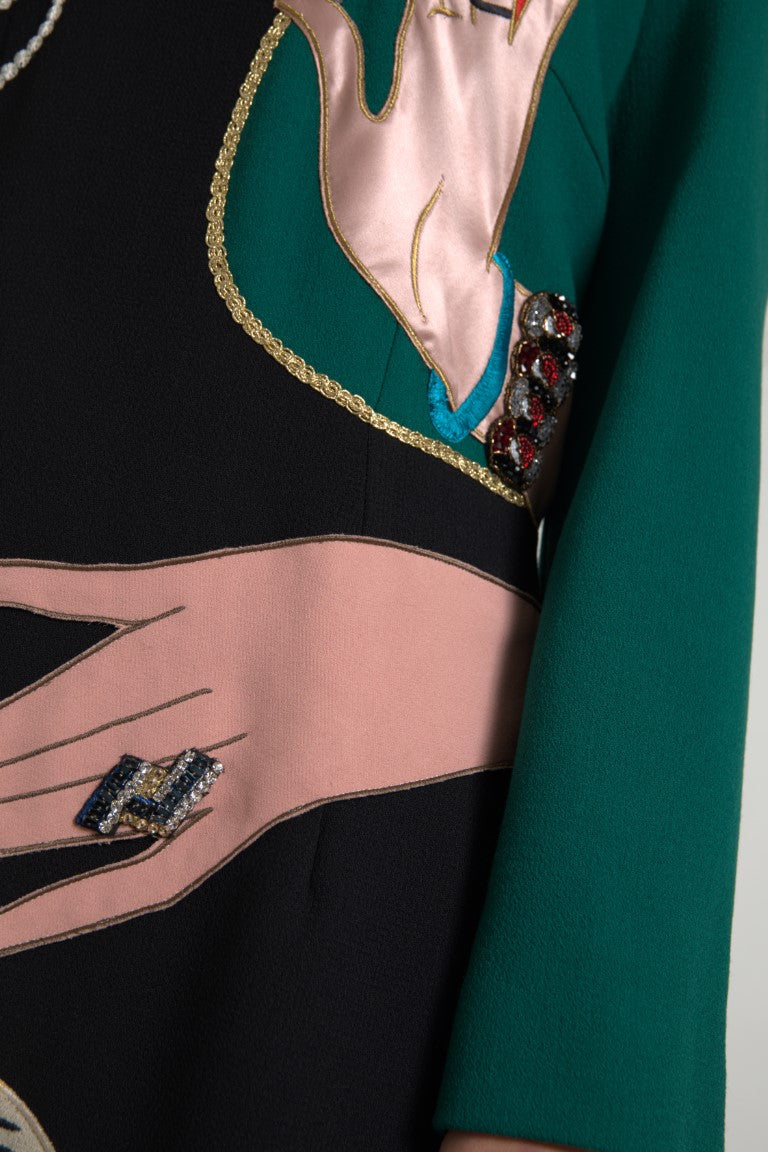 Multicolor long-sleeve A-line maxi dress by Dolce & Gabbana, featuring vibrant patterns and flowing fabric.