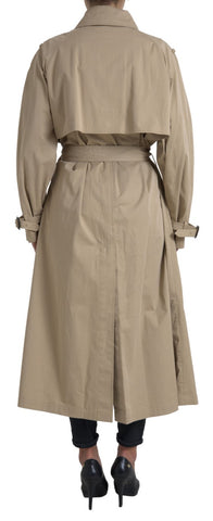 Dolce & Gabbana khaki double-breasted trench coat jacket with belted waist and classic collar, displayed on a hanger.