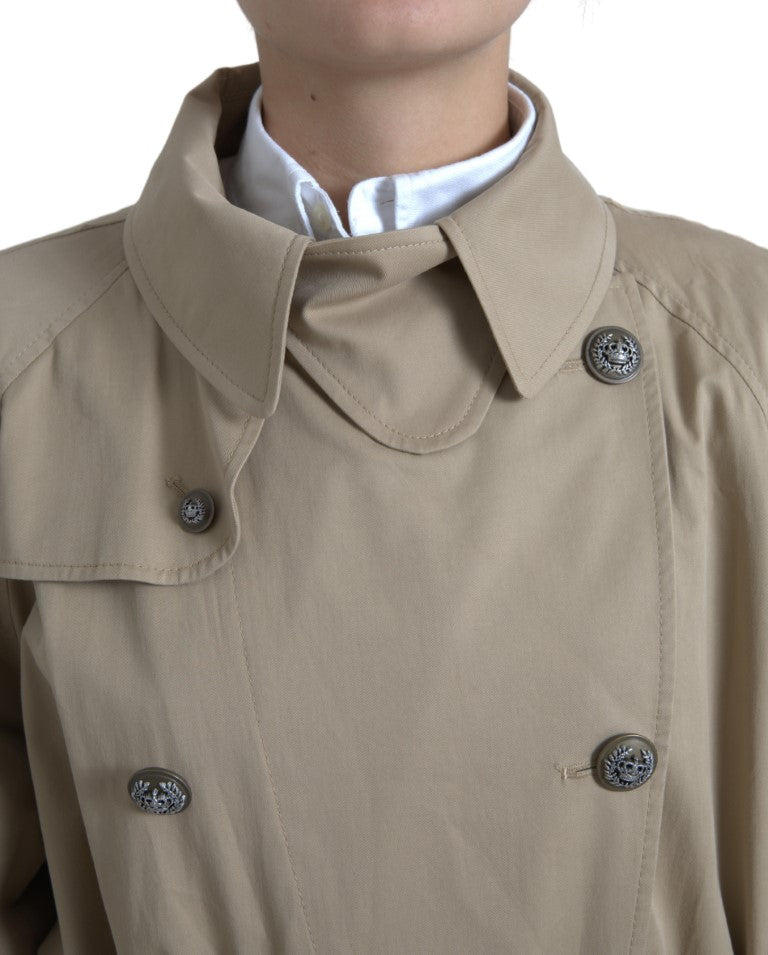 Dolce & Gabbana khaki double-breasted trench coat jacket with classic lapels and button details, stylish outerwear for men.