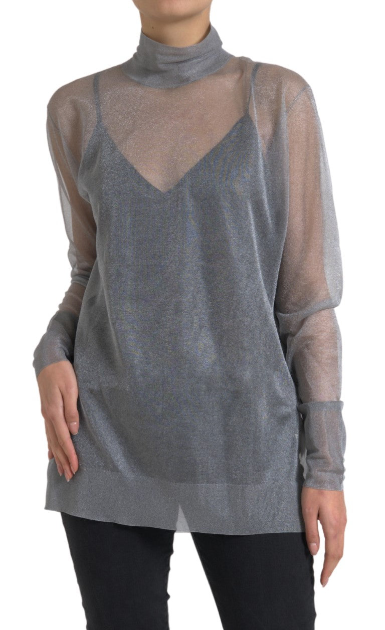 Gray mesh turtleneck long sleeve blouse top by Dolce & Gabbana, featuring a fitted design and textured fabric.