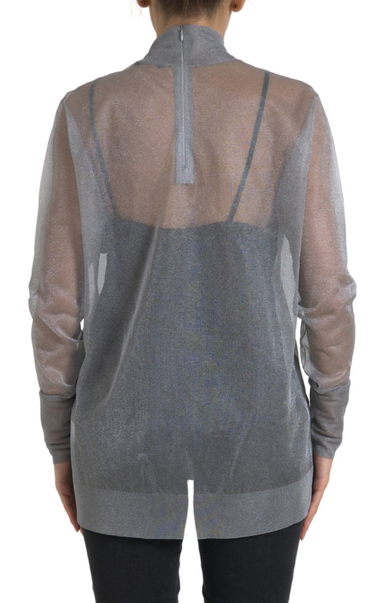 Gray mesh turtleneck long sleeve blouse top by Dolce & Gabbana, featuring a fitted design and textured fabric.