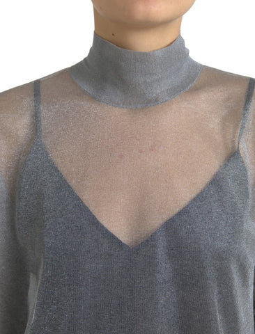 Gray mesh turtleneck long sleeve blouse top by Dolce & Gabbana, featuring a fitted design and elegant style.