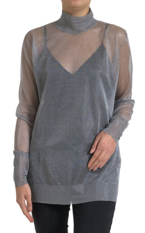 Gray mesh turtleneck long sleeve blouse top by Dolce & Gabbana, showcasing a fitted design with textured fabric.