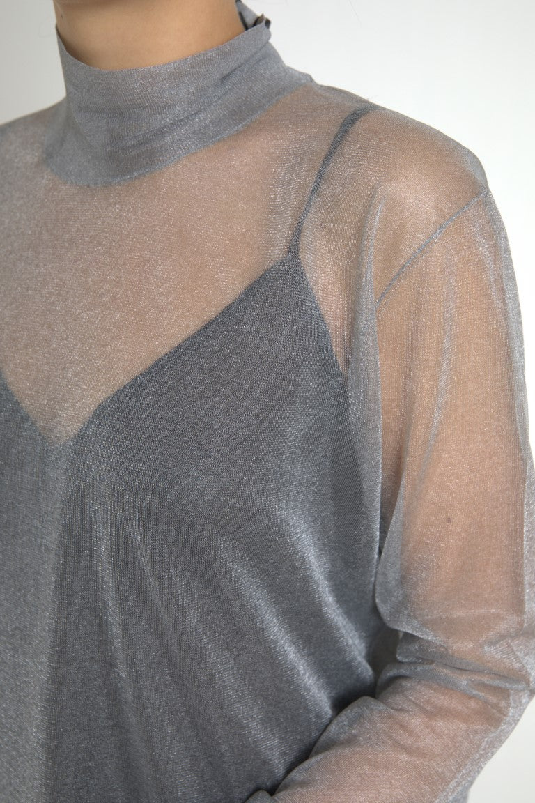 Gray mesh turtleneck long sleeve blouse top by Dolce & Gabbana, featuring a fitted design and sheer fabric.