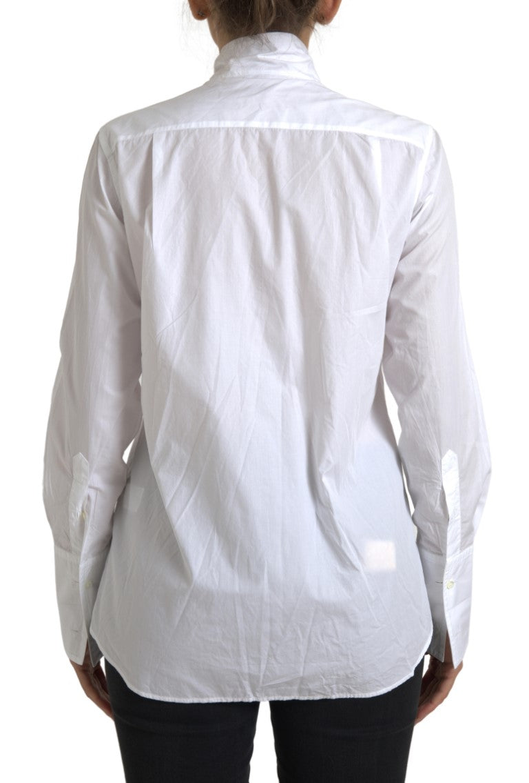 White cotton long sleeve top with ascot collar by Dolce & Gabbana, featuring a sleek, tailored design.