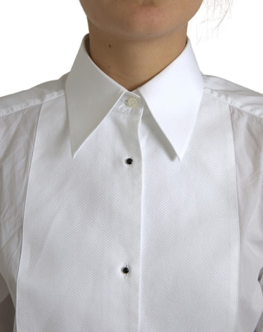 White cotton long sleeve collared shirt by Dolce & Gabbana, featuring a classic fit and button-down front.