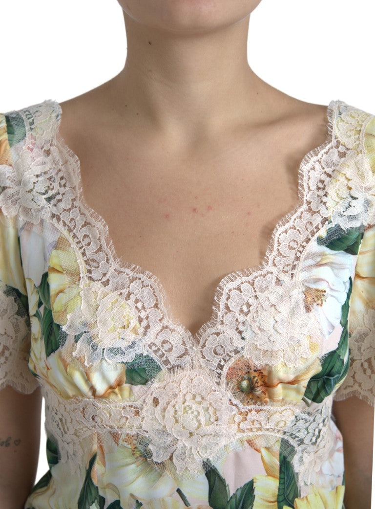 Multicolor floral lace V-neck blouse by Dolce & Gabbana featuring intricate lace details and a stylish V neckline.