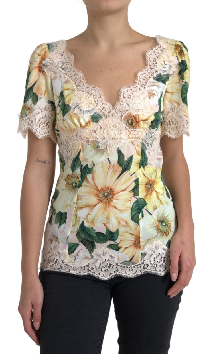 Multicolor floral lace V-neck blouse by Dolce & Gabbana featuring intricate lace details and a stylish, feminine design.