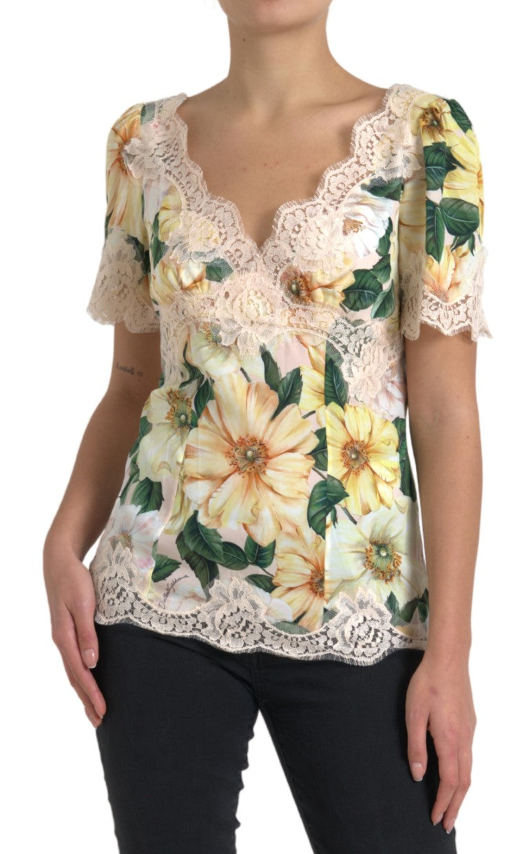 Dolce & Gabbana multicolor floral lace V-neck blouse with intricate lace details and vibrant pattern.