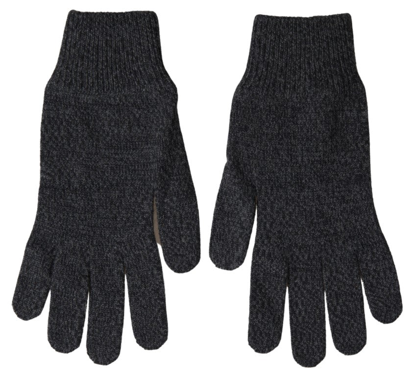 Gray virgin wool knit men's gloves with hand mitten design from Dolce & Gabbana, featuring a cozy, textured knit pattern.