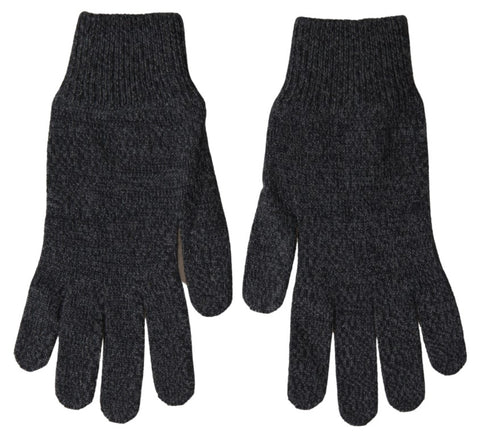 Gray virgin wool knit men's gloves with hand mitten design from Dolce & Gabbana, featuring a cozy, textured knit pattern.