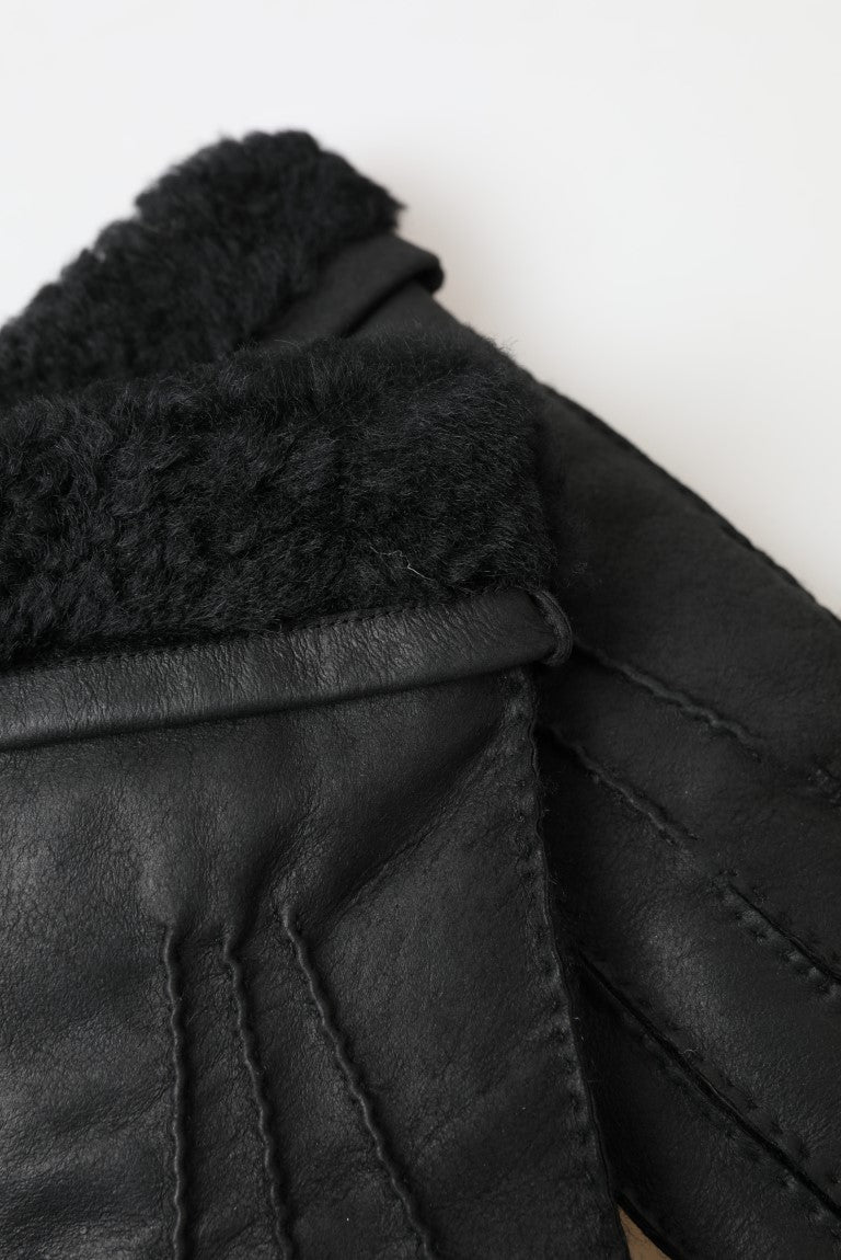 Black leather fur short men's gloves with hand mittens design by Dolce & Gabbana, featuring a stylish, luxurious look.
