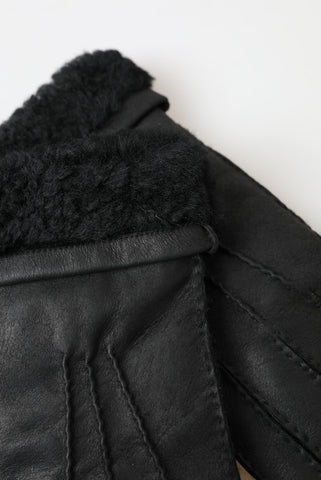 Black leather fur short men's gloves with hand mittens design by Dolce & Gabbana, featuring a stylish, luxurious look.