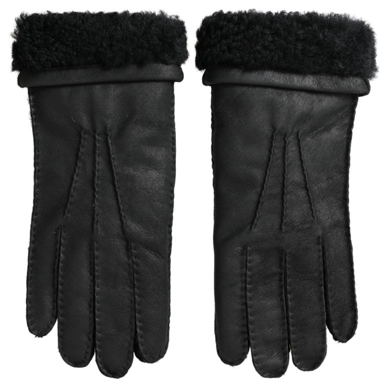 Black leather and fur short men's gloves by Dolce & Gabbana, featuring a stylish mitt design for winter wear.