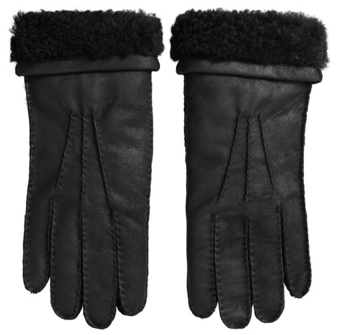 Black leather and fur short men's gloves by Dolce & Gabbana, featuring a stylish mitt design for winter wear.