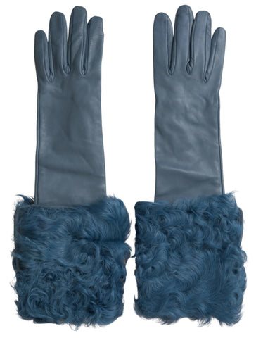 Blue leather fur mid-arm length gloves by Dolce & Gabbana, featuring soft fur trim and sleek leather design.