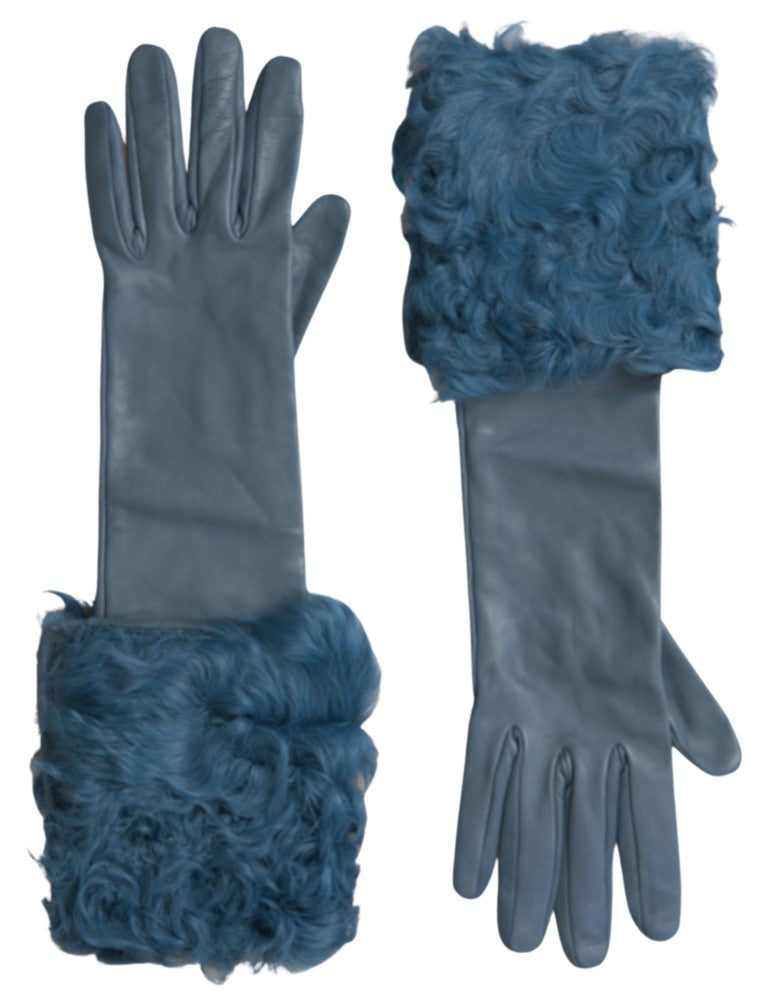 Blue leather fur mid-arm length gloves by Dolce & Gabbana, showcasing soft leather and plush fur trim.