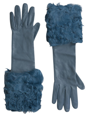 Blue leather fur mid-arm length gloves by Dolce & Gabbana, showcasing soft leather and plush fur trim.