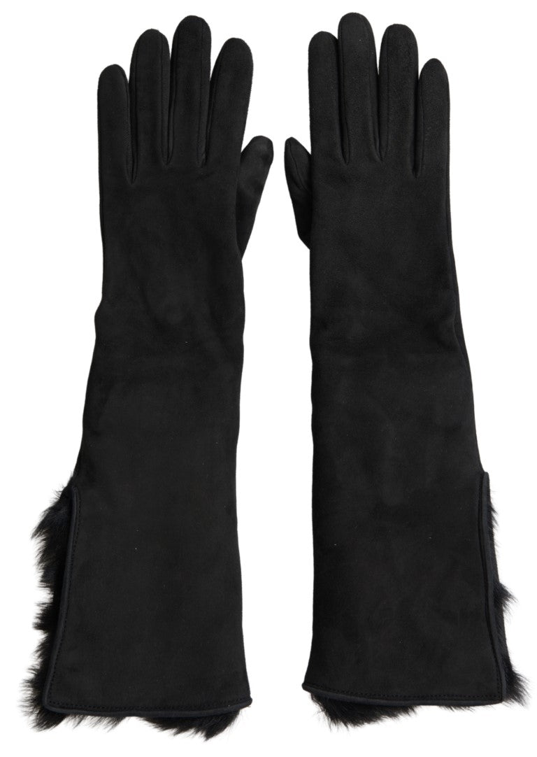 Black leather fur elbow-length gloves by Dolce & Gabbana, featuring luxurious fur trim and sleek leather design.