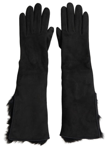 Black leather fur elbow-length gloves by Dolce & Gabbana, featuring luxurious fur trim and sleek leather design.