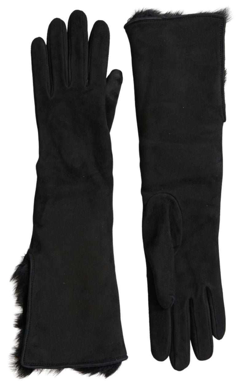 Black leather fur elbow-length gloves by Dolce & Gabbana with a stylish and luxurious design.