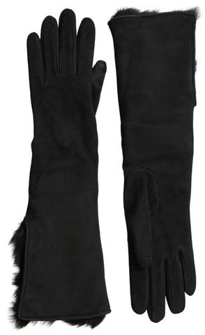 Black leather fur elbow-length gloves by Dolce & Gabbana with a stylish and luxurious design.