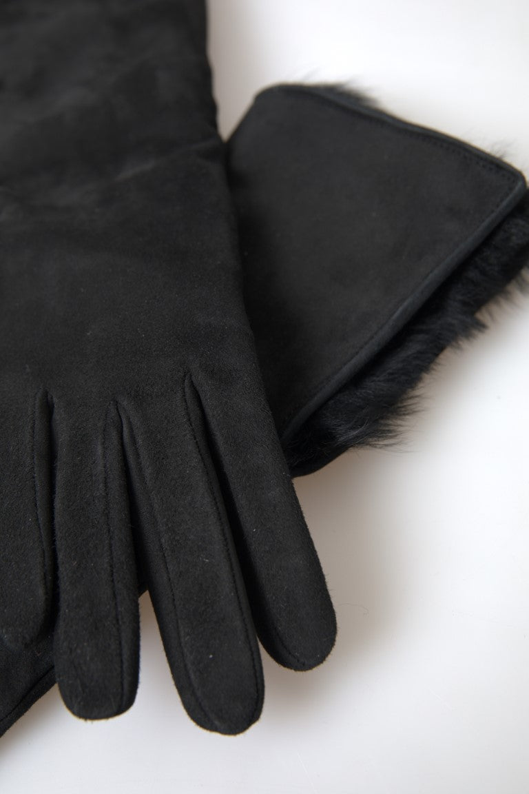 Black leather fur elbow-length gloves by Dolce & Gabbana, featuring luxurious fur trim and sleek design.