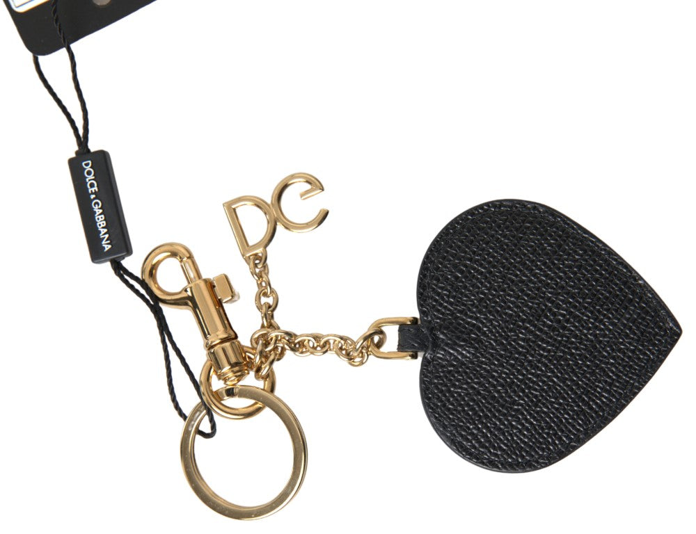 Black fuchsia leather heart keyring with gold metal accents from Dolce & Gabbana, featuring a stylish heart-shaped design and keyring attachment.
