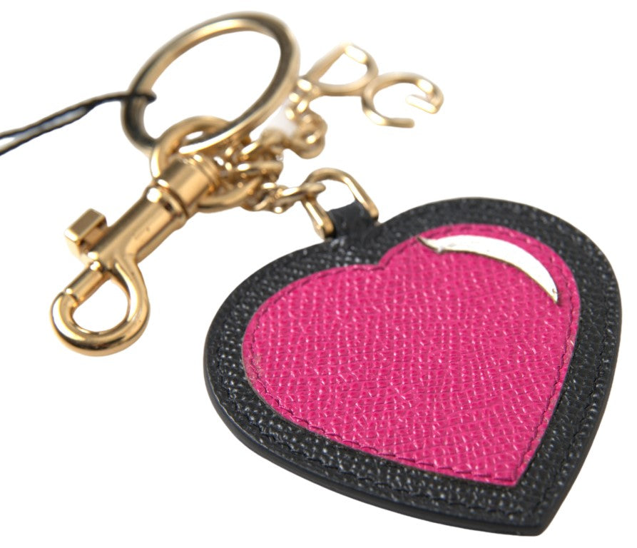 Black fuchsia leather heart keyring with gold metal accents, Dolce & Gabbana keychain accessory featuring a stylish heart design.