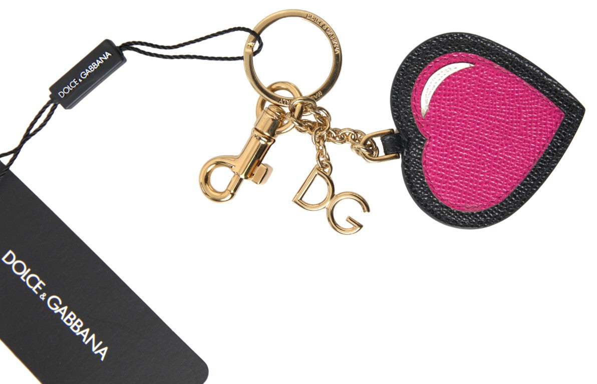 Dolce & Gabbana black leather keychain with fuchsia heart and gold metal keyring, stylish accessory with elegant details.