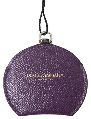 Purple calfskin leather round hand mirror holder by Dolce & Gabbana with detailed stitching and sleek design.