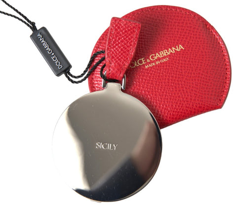 Red calfskin leather hand mirror holder by Dolce & Gabbana, showcasing a sleek, textured leather design with subtle branding details.