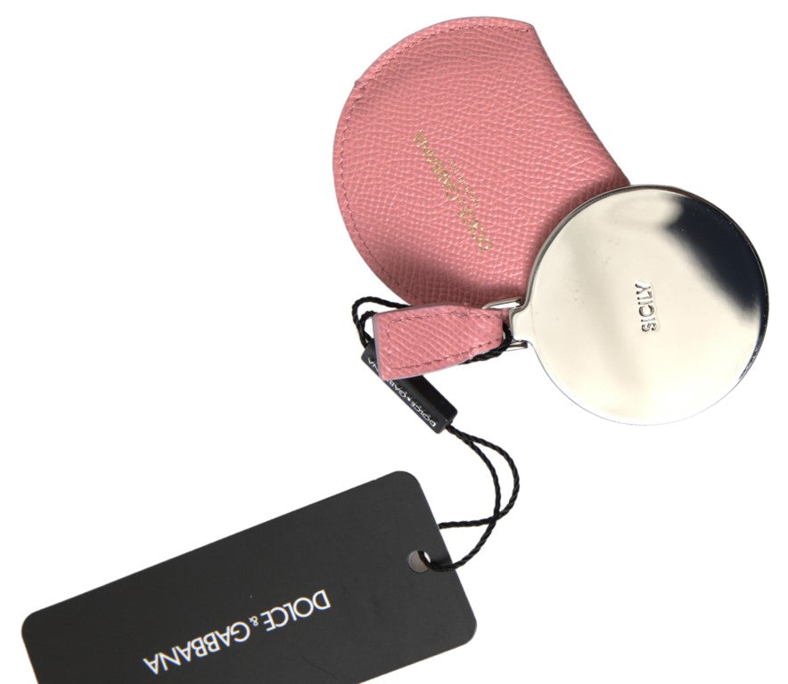 Pink calfskin leather round mirror holder by Dolce & Gabbana featuring a smooth finish and elegant design.