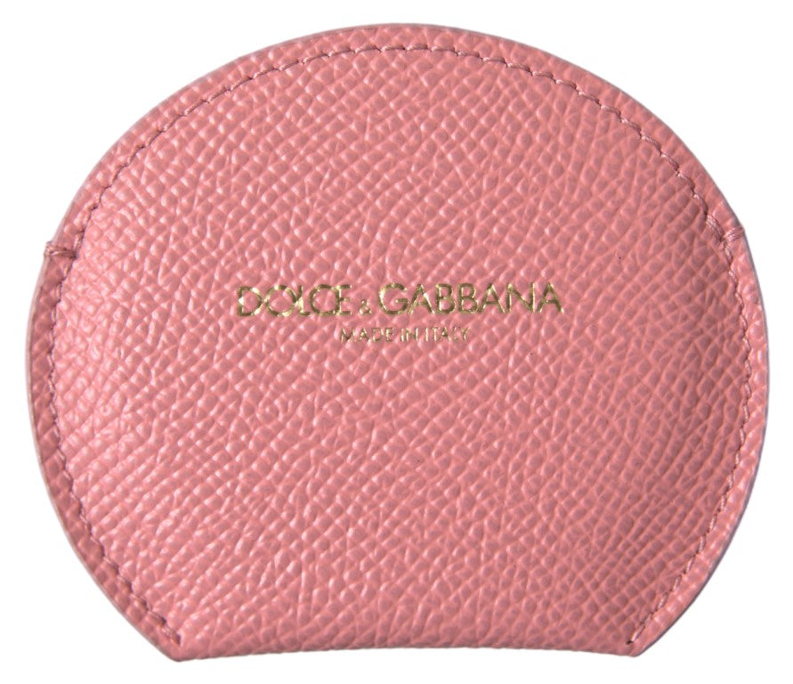 Pink calfskin leather round mirror holder by Dolce & Gabbana with sleek, soft leather exterior and a compact design.