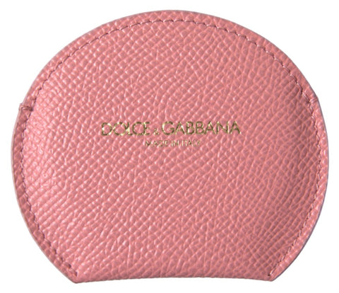 Pink calfskin leather round mirror holder by Dolce & Gabbana with sleek, soft leather exterior and a compact design.
