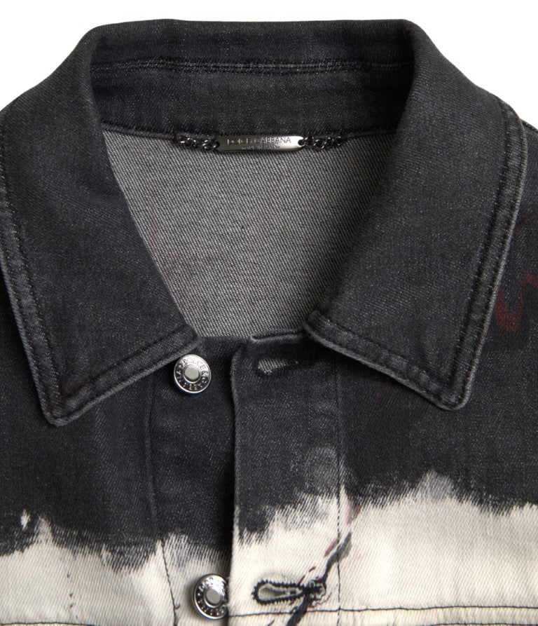 Multicolor cotton denim jacket with a collar from Dolce & Gabbana, featuring vibrant patchwork design and classic denim styling.
