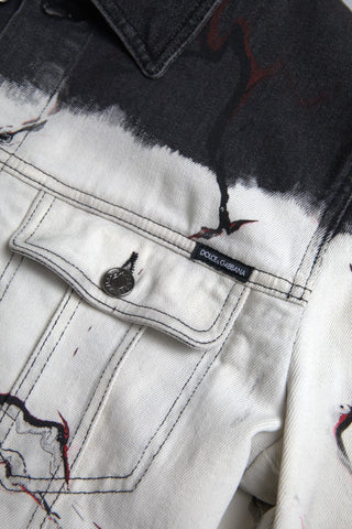Multicolor cotton collared denim jacket by Dolce & Gabbana, featuring vibrant patchwork and classic button closure.