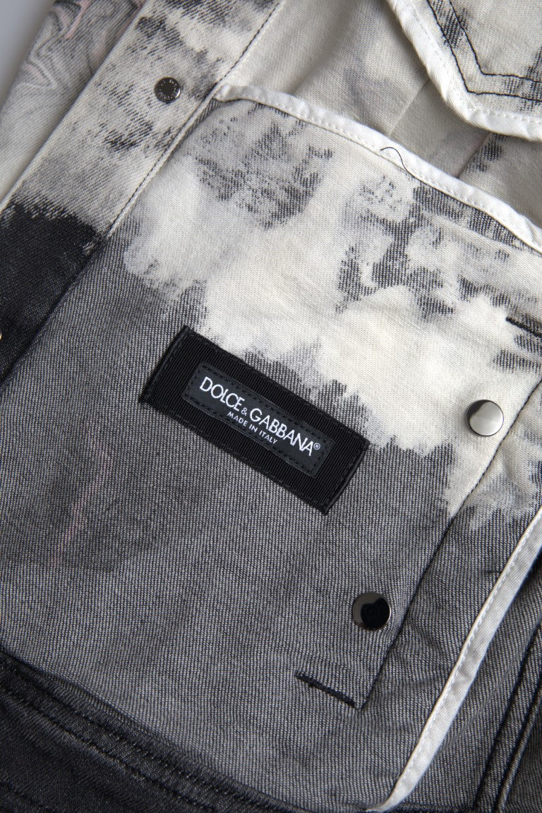 Multicolor cotton collared denim jacket by Dolce & Gabbana with vibrant patches and classic button closure.
